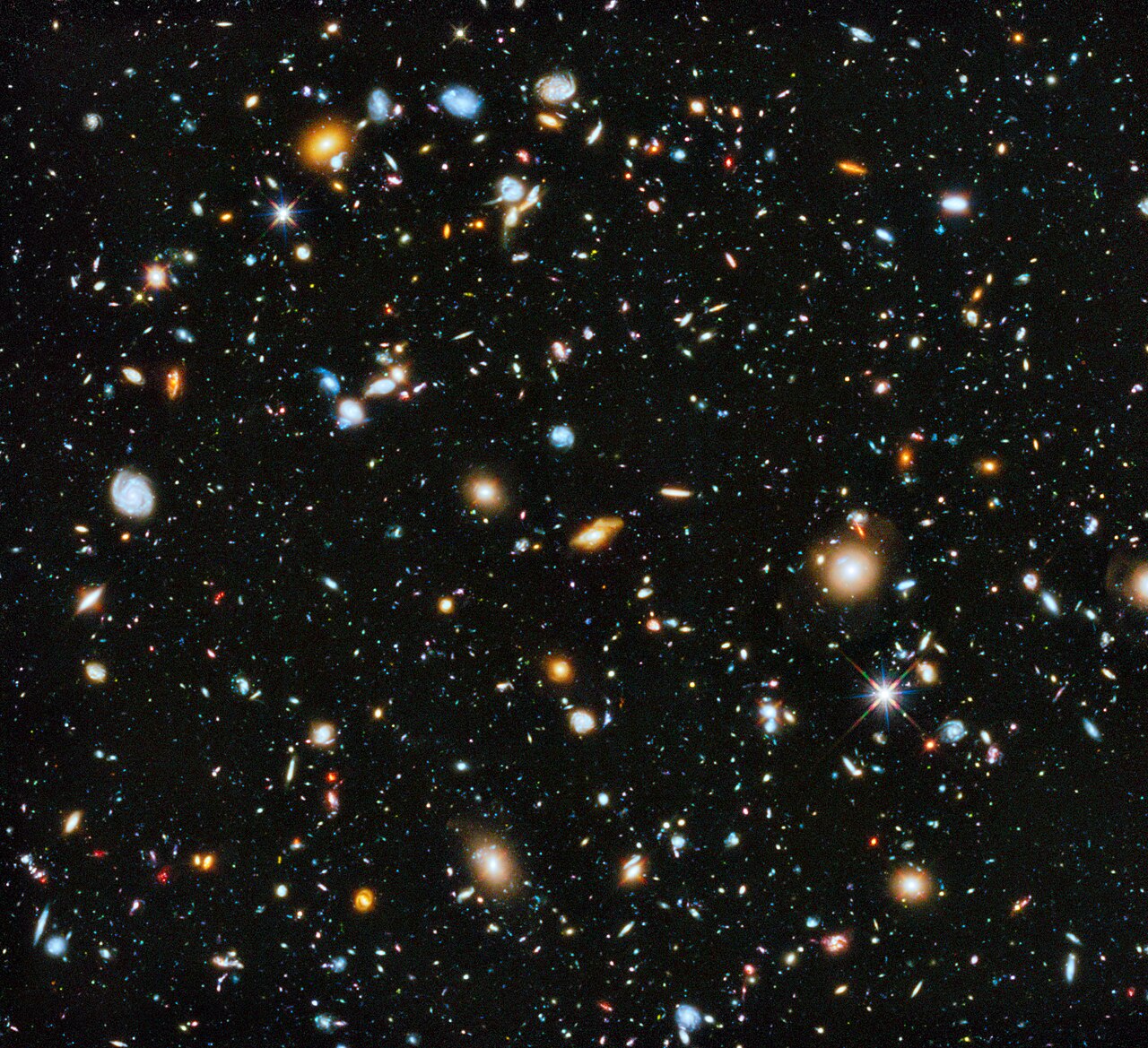 A black field scattered with thousands of galaxies of many shapes and colours